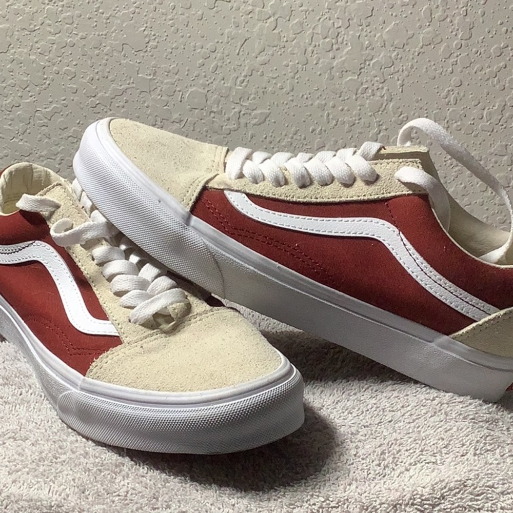 Red and Cream Sneakers with White AccentsVans